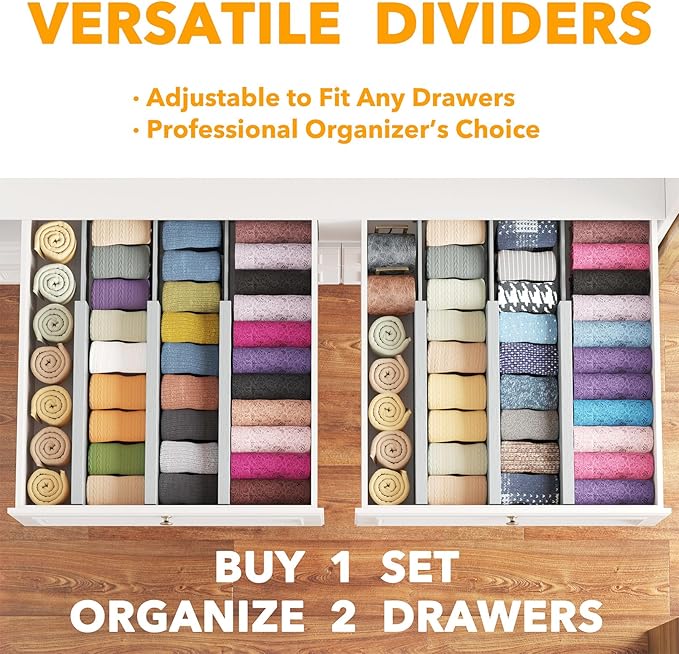 SpaceAid Bamboo Dresser Drawer Dividers 6 Pack, 4.65“ High Adjustable 12.5“-17” Drawer Organizers, Expandable Organization for Clothing, Clothes, Dressers, Gray-DeskLoop Office
