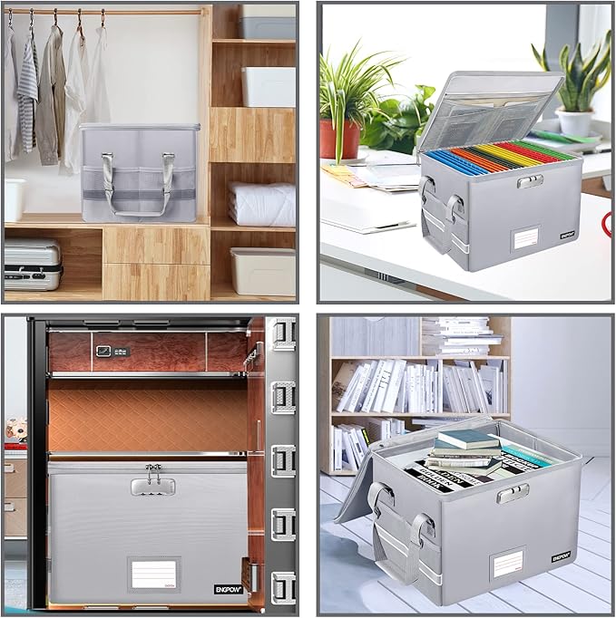 ENGPOW File Box with Lock, Fireproof Document Box with Pockets, Collapsible File Organizer Filing Storage Cabinet with Handle, Portable Home Office Safe for Hanging Letter/Legal Folders,Silver,2 Pack-DeskLoop Office