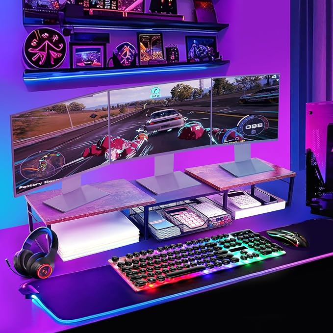 Dual Monitor Stand Riser, Desk Organizer with Drawer, Desk Organizers and Accessories, Workspace Organization Computer Monitor Stand for Laptop, Printer, TV, Office Supplies, Rustic Brown-DeskLoop Office