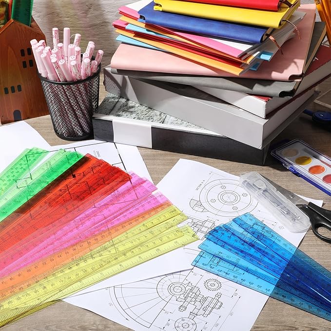 Zonon 50 Pcs 6 Inch/12 Inch Plastic Rulers Bulk Flexible Straight Rulers with Inches Centimeters First Day of School Gift Students Back to School Office Home Supplies(Clear Colorful,12 Inch)-DeskLoop Office