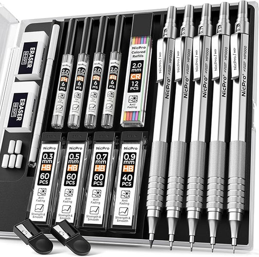 Nicpro Metal Mechanical Pencil Set, 5 PCS Art Drafting Pencils 0.3, 0.5, 0.7, 0.9 mm & 2mm Graphite Lead Holder For Sketching Drawing With 9 Tubes (4B 2B HB 2H Colors) Lead Refills Erasers Case-DeskLoop Office