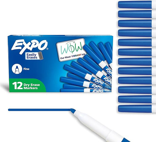 EXPO Dry Erase Markers, Low Odor Ink, Blue, Fine Tip, 12 Count-DeskLoop Office