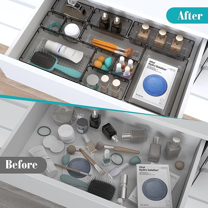 13 PCS Clear Plastic Drawer Organizers Set, 4 Size Desk Drawer Organizer Trays for Makeup, Jewelry, Kitchen Utensils, Gadgets and Office Accessories, Black