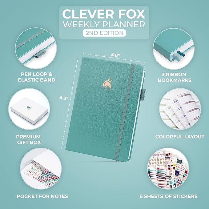 Clever Fox Planner 2nd Edition – Colorful Weekly & Monthly Goal Planner, Time Management & Productivity Organizer, Undated, A5 (Aquamarine)-DeskLoop Office