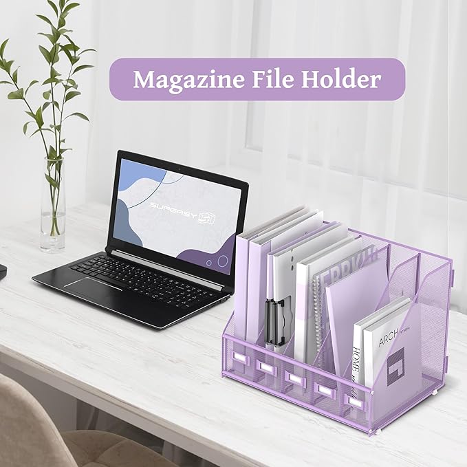 SUPEASY Desk Organizers Metal Desk Magazine File Holder with 5 Vertical Compartments Rack File Organizer for Office Desktop, Home Workspace, Purple-DeskLoop Office