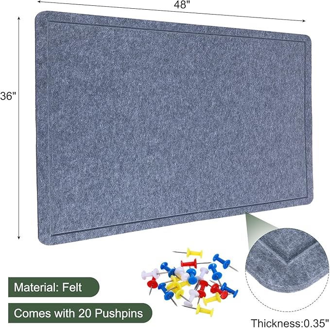 YOKIVE Felt Bulletin Board, 48 x 36 -Inch Foldable Decorative Pin Board Self Adhesive Felt Cork Board with 20 Pushpins, Great for Wall, Photo Display, Paste Note, Schedule(Gray)-DeskLoop Office