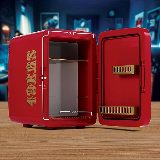 Ukonic NFL San Francisco 49ers 15-Can Mini Fridge 10L – AC/DC Powered, Official Team Colors & Logo, Portable Cooler for Tailgates, Home, Office, or Car-DeskLoop Office