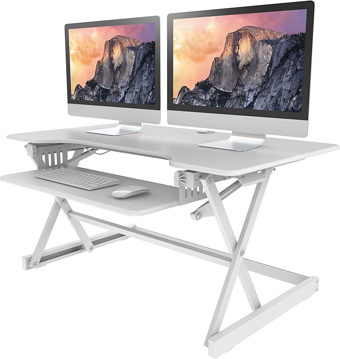 Rocelco 40" Large Height Adjustable Standing Desk Converter - Quick Sit Stand Up Dual Monitor Riser - Gas Spring Assist Computer Workstation - Retractable Keyboard Tray - White (R DADRW-40)-DeskLoop Office