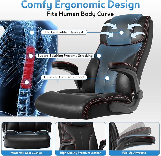 Office Chair Big and Tall 400lbs, High Back Executive Office Chair Flip Up Arms, Breathable Leather Home Office Computer Desk Chair with Lumbar Support Rocking Function, Black-DeskLoop Office