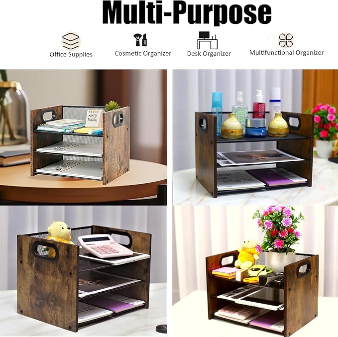 Wood Desk Organizer - 3-Tier Desktop File Organizer, Wooden Paper Tray, Office Desk Organzier and Accessories for Papers, Mail, Notebooks, Stationery-DeskLoop Office