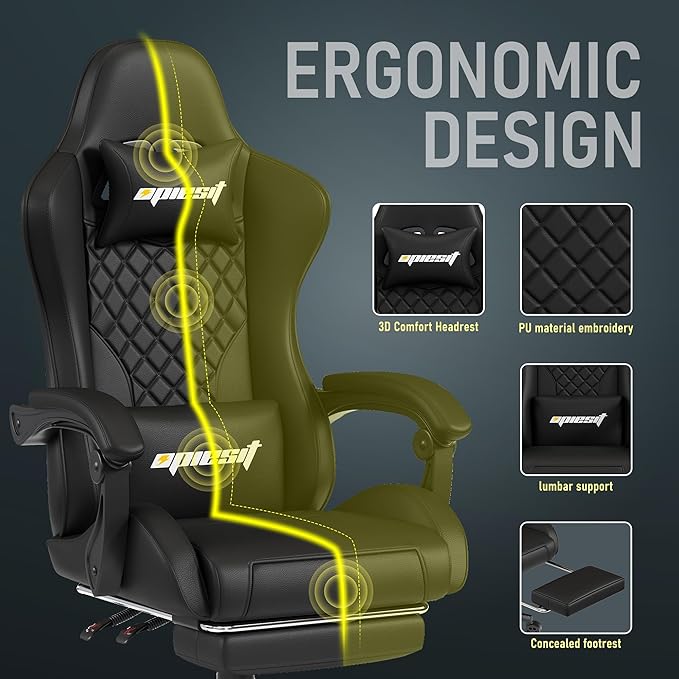 Gaming Chair,Ergonomic Computer Chairs for Adults with Footrest, PU Leather Office Chair with Adjustable Lumbar Support & Pocket Spring Cushion - Heavy Duty 400lb Capacity Gamer Chair(Black)-DeskLoop Office