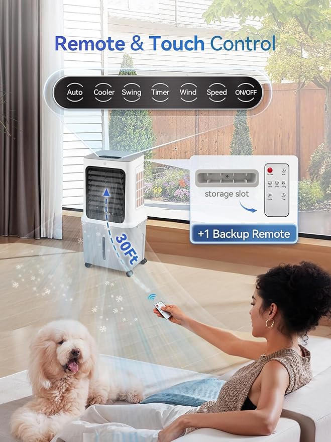 10 Gal Evaporative Air Cooler, 3000CFM Quiet Portable Air Conditioners, 35" Fast Cooling Swamp Cooler, 120° Oscillation, 12H Timer, 3 Speeds & Modes Remote Control for Living Room|Bedroom|Garage-DeskLoop Office