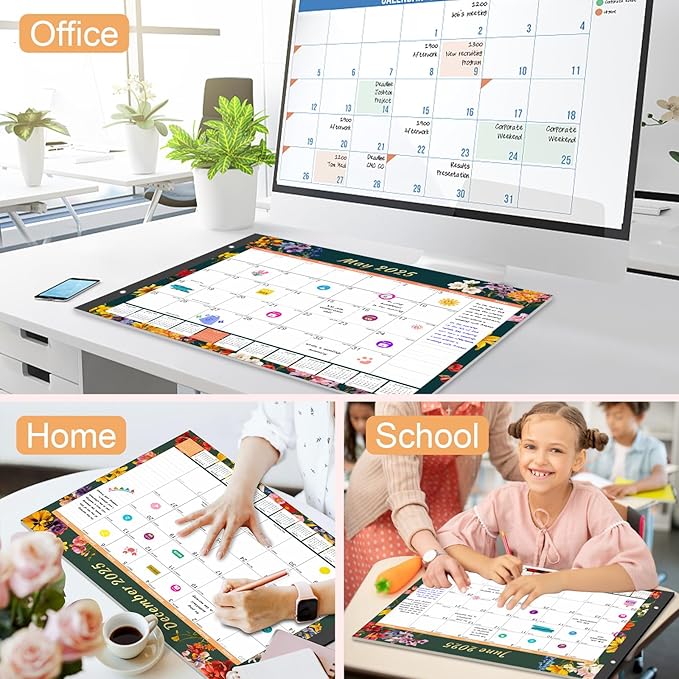 Gannyfer Desk Calendar 2025-2026, Large 22"x17" Desktop Calendars 18 Month Jan 2025 - Jun 2026, Monthly Planner Pad with Plastic Cover -Dark Floral-DeskLoop Office