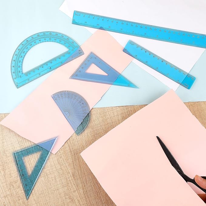 Tenare 1 Set Plastic Clear Math Set Includes Protractor Triangle Rulers 12 Inch 6 Inch Straight Geometry Math Transparent Ruler Measuring Tool for School Office Home Supplies(Blue)-DeskLoop Office
