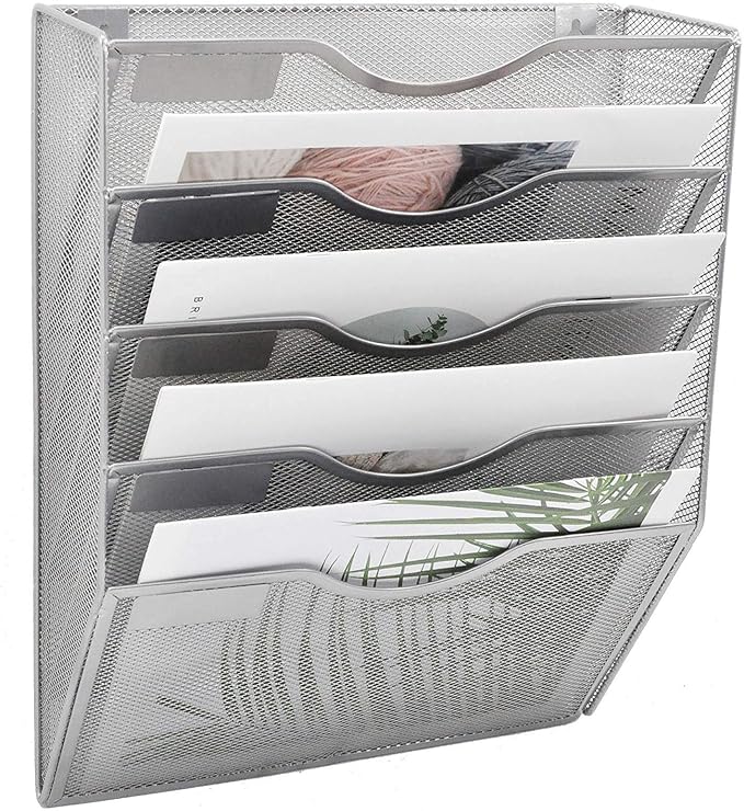 EASEPRES 5 Pocket Mesh Hanging Wall File Organizer, Wall Mounted Mail Paper Document Folder Holder, Clipboard Storage Organization Magazine Rack with Nametag Label for Office Home School, Silver-DeskLoop Office