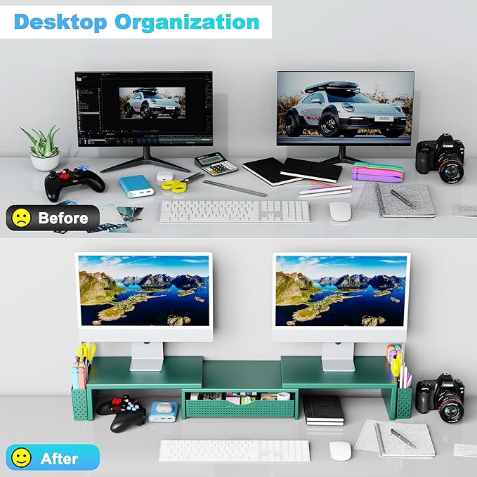 Spacrea Metal Desk Organizers and Accessories, Dual Monitor Stand Riser with Drawer and 2 Pen Holders, Desk Accessories & Workspace Desktop Organizers for Office Supplies (Dark Gree)-DeskLoop Office
