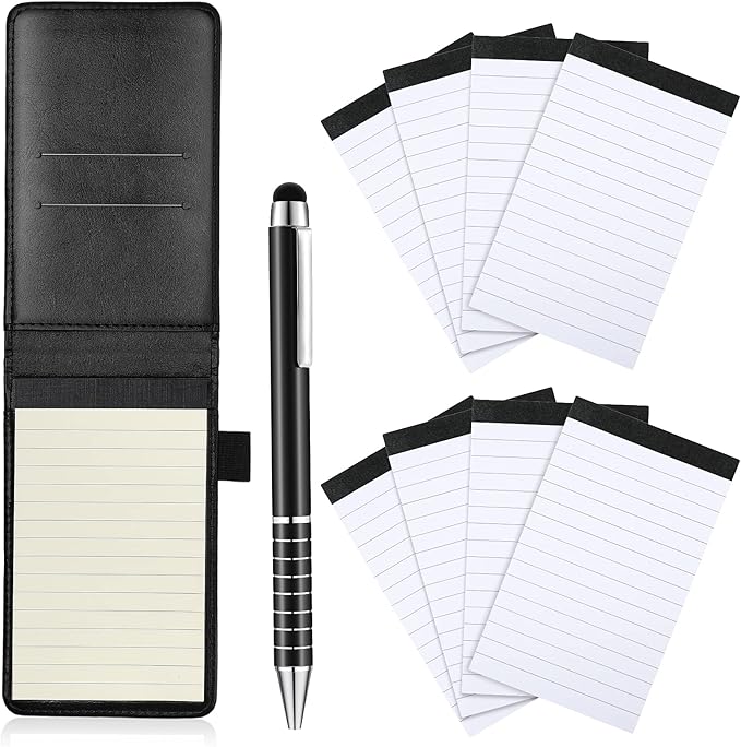 Outus 10 Pcs Pocket Notebook with Pen Set Included Mini Pocket Notepad Holder with 50 Lined Sheets, Metal Pen, 8 Pcs 3 x 5 Inch Memo Book Refills, 30 Lined Paper Per Note Pad (Black)-DeskLoop Office