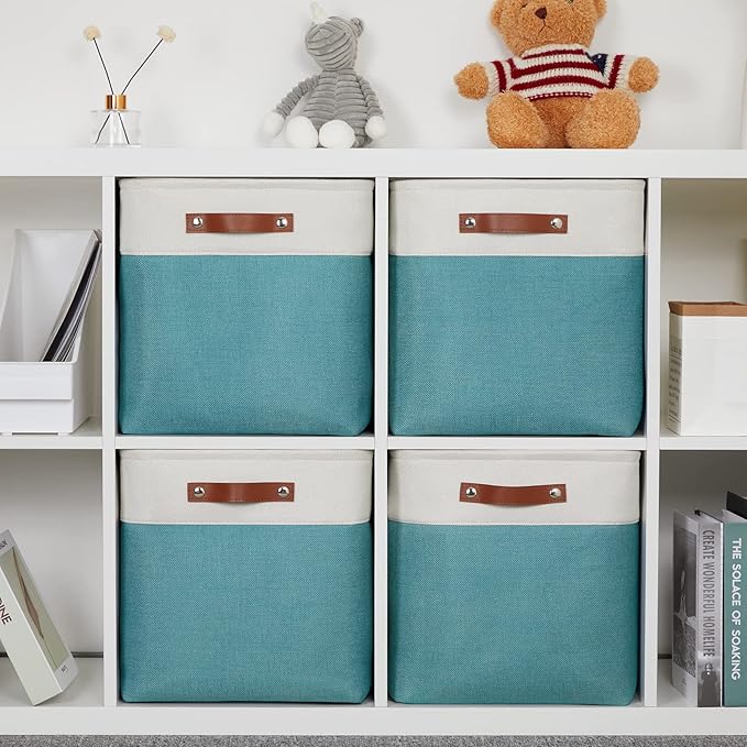DULLEMELO Storage Bins for Organizing,Closet Storage Baskets for Gift Empty,Large Linen Canvas Storage Bins with Handles for Home Office Toys Shelves(White&Teal, 13 inch Cube)-DeskLoop Office