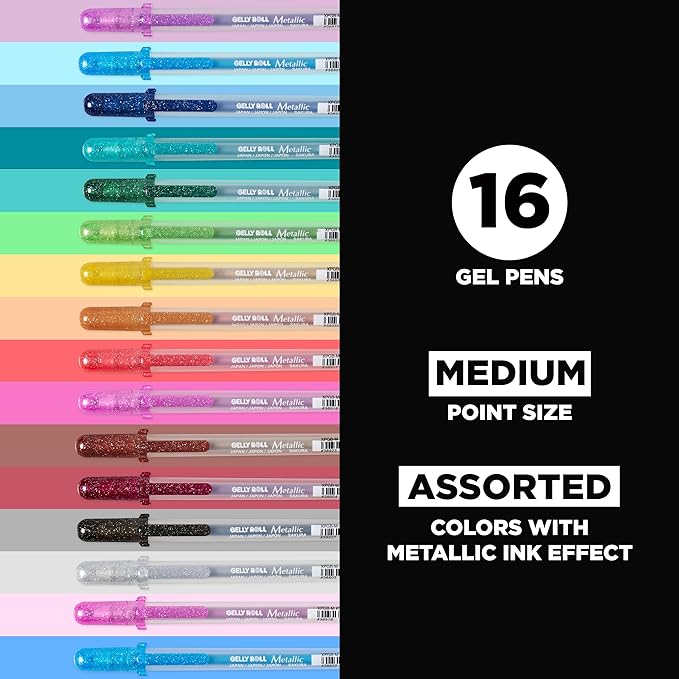 SAKURA Gelly Roll Metallic Gel Pens - Pens for Scrapbook, Journals, or Drawing - Colored Metallic Ink - Medium Line - 16 Pack-DeskLoop Office
