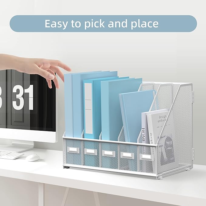 SUPEASY Desk Organizers Metal Desk Magazine File Holder with 5 Vertical Compartments Rack File Organizer for Office Desktop, Home Workspace, White-DeskLoop Office