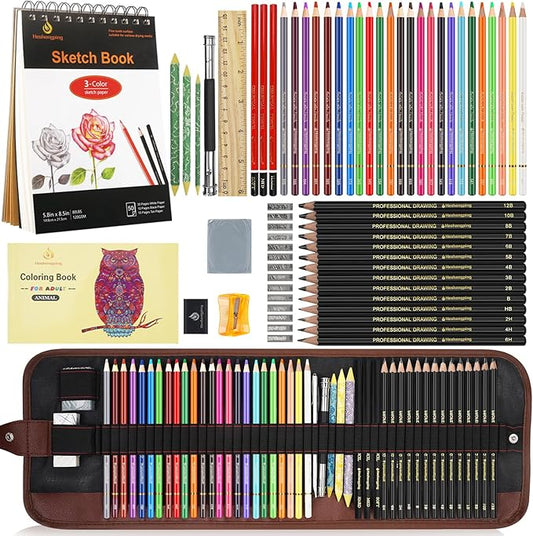 Sketch & Drawing Art Pencil Kit 52 Piece Set, 24 Color Pencil for Coloring Books, Pencil of Graphite & charcoal, 3-color Sketchbook, coloring book Etc, Art Supply Ideal for Adult Student Beginner Teen-DeskLoop Office
