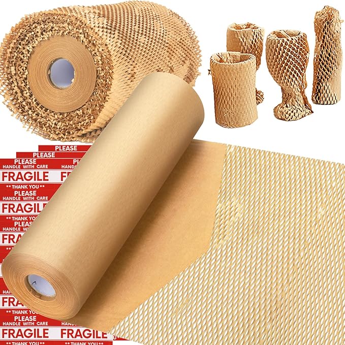 Honeycomb Packing Paper, MINHAO 15"x400' Eco Friendly Packing Paper for Moving Recyclable Honeycomb Paper Moving Supplies Bubble Paper Wrapping Protective Roll, With 36 Fragile Sticker Labels-DeskLoop Office