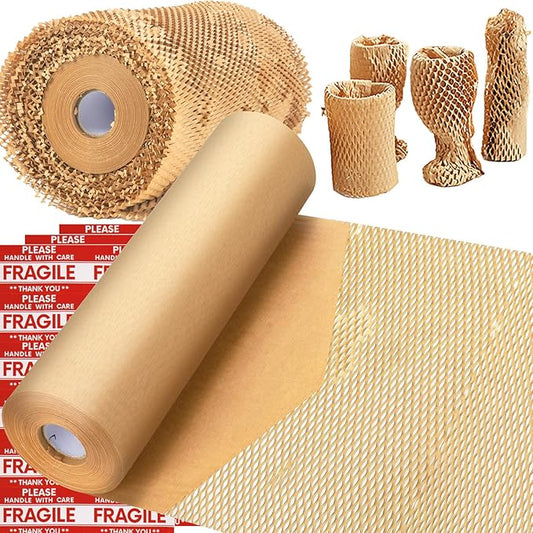 Honeycomb Packing Paper, MINHAO 15"x400' Eco Friendly Packing Paper for Moving Recyclable Honeycomb Paper Moving Supplies Bubble Paper Wrapping Protective Roll, With 36 Fragile Sticker Labels-DeskLoop Office