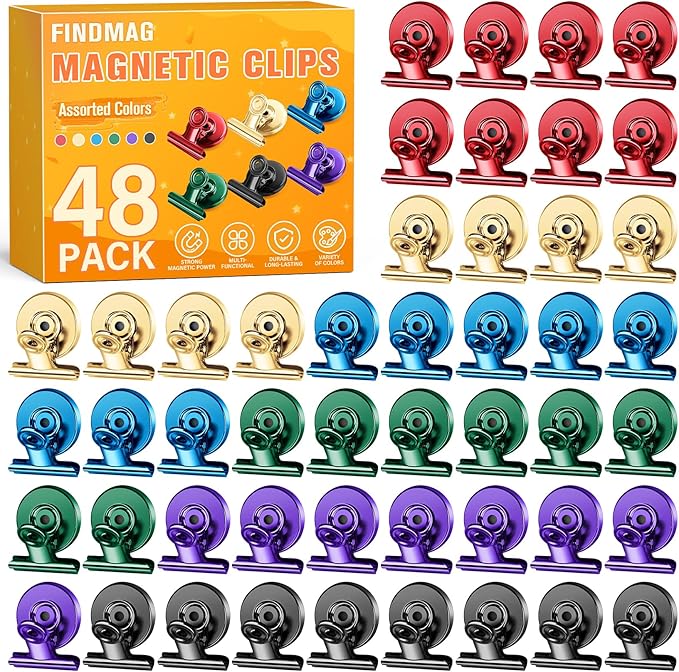 FINDMAG 48 Pack Magnetic Clips for Photo ANG Picture Display, Strong Scratch-Free Refrigerator Magnets, Heavy Duty Clips for Picture Hanging, Whiteboard, Kitchen, Office, School Use.-DeskLoop Office