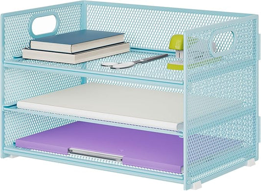 Marbrasse 3 Tier Paper Organizer Letter Tray, Mesh File Organizer with Handle, Paper Sorter Desk Organizer for Home Office Supplies(Blue)-DeskLoop Office