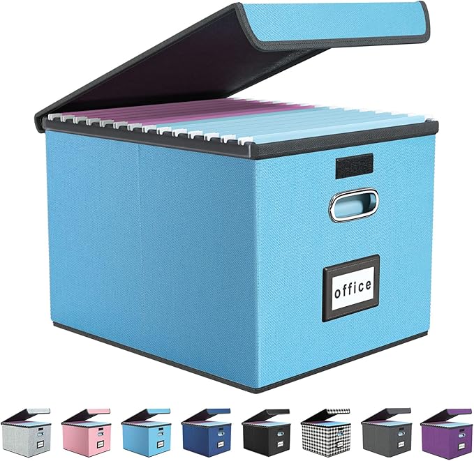Huolewa Portable File Organizer Box Office Document Storage with Lid, Linen Hanging Filing Storage Boxes, Decorative Home/Office Filing System for File and Folders Storage (Sky-blue)-DeskLoop Office