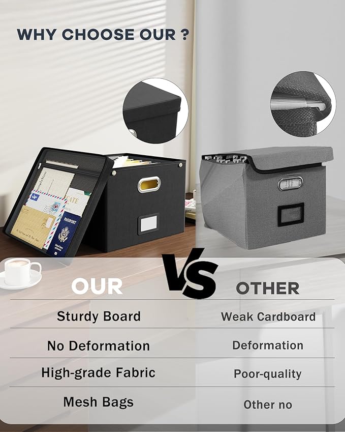 2 Pack File Organizer Box with Lid, Large Hanging Filing Box with Mesh Pocket, Document Organizer for Letter Files, Portable Storage Case for Office&Home (Black)-DeskLoop Office