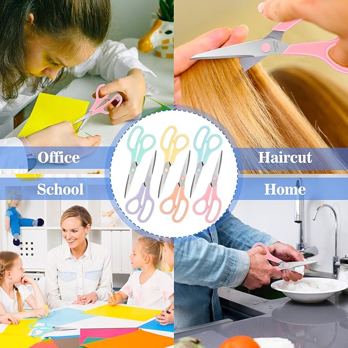 Scissors Set of 6-Pack, 8" Scissors All Purpose Comfort-Grip Handles, Sharp Scissor for Office Home School Craft Sewing Fabric Supplies, High/Middle School Student Teacher, Right/Left Hand-DeskLoop Office