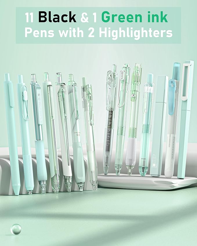 Four Candies 14Pack Pastel Gel Ink Pen Set,Cute Retractable 0.5mm Fine Point Pen,Note Taking Aesthetic Pens,12 Pack Black Ink Pens with 2Pack Highlighter, Smooth Writing Pens for School, Office(Green)-DeskLoop Office