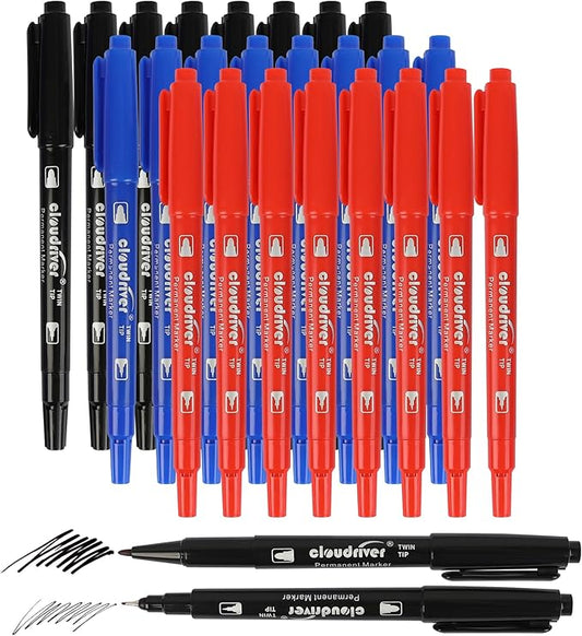 cloudriver Ultra Fine Permanent Markers, 24 Count Twin Tip Permanent Marker Set, 3 Assorted Colors, Ultra Fine Piont And Fine Piont Permanent Marker for Signature And Marking-DeskLoop Office