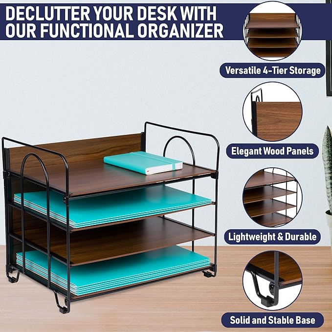 4-Tier Office Organizer, Desk File Organizer with Wood Patterned Shelves, Office Supplies Desktop Organization for Storage of Paper, Bills, Letters, Multi-Functional Desk Organization and Accessories-DeskLoop Office