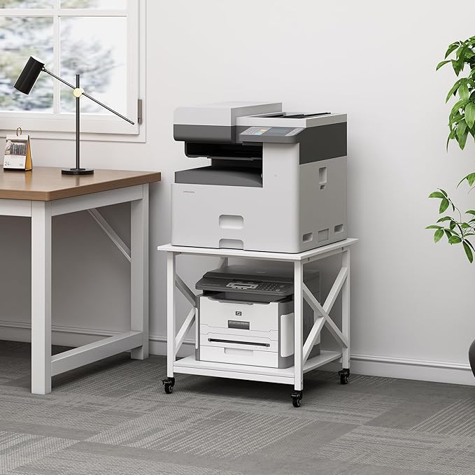 23.6 x 23.6 Inches Large Printer Stand, 2 Tier Square Printer Table with Storage Shelf for Home Office, Multi-use Rolling Cart with Wheels for Laser, 3D Printer and Mini Fridge - White-DeskLoop Office