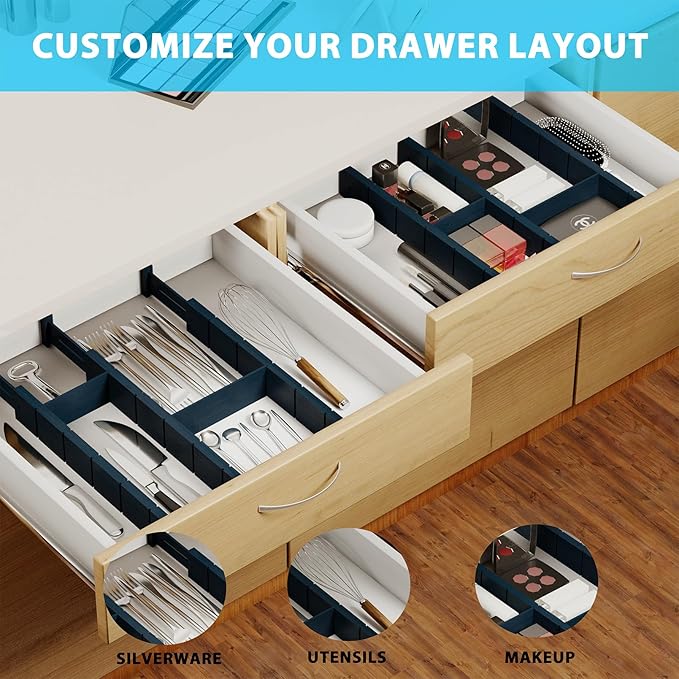 6 Pack Bamboo Drawer Dividers with 12 Inserts, Expandable Adjustable Clothes Drawer Organizers and Storage from 17" to 22" for Kitchen, Bedroom, Dresser, Cosmetics (Navy Blue)-DeskLoop Office