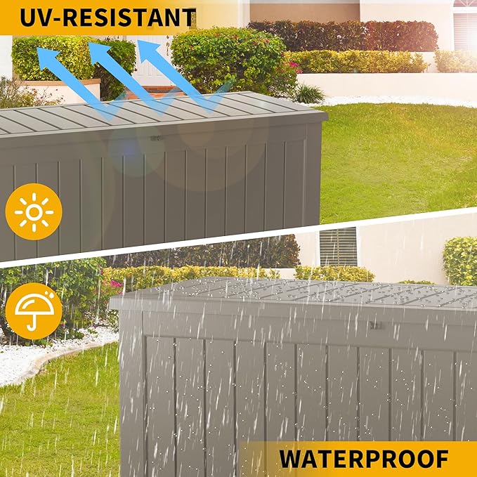 100 Gallon Resin Deck Box, Waterproof Outdoor Storage Bin for Patio Furniture, Pool Accessories, and Garden Tools, Lockable & UV-Resistant, Grey-DeskLoop Office