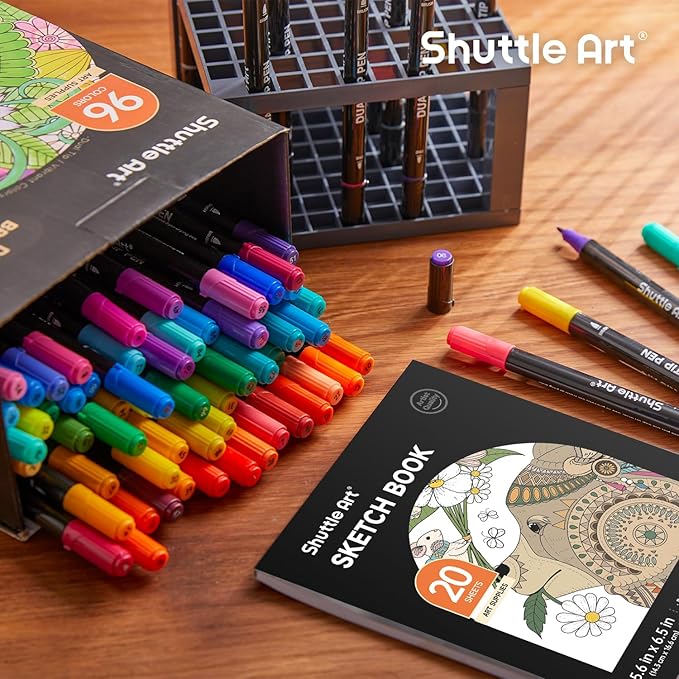 Shuttle Art Dual Tip Brush Pens, 96 Colours Fine and Brush Tip Markers Set with Pen Holder & 1 Colouring Book, Felt Tip Colouring Pens for Adults and Children Colouring Calligraphy Journal Doodling-DeskLoop Office