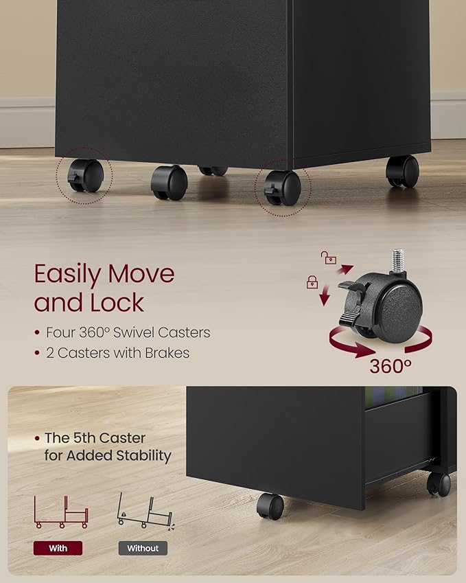VASAGLE 2-Drawer File Cabinet, Small Rolling Filing Cabinet for Home Office, Printer Stand, for A4, Letter-Size Documents, 15.7 x 16.5 x 27.6 Inches, Matte Black UOFC040B16-DeskLoop Office