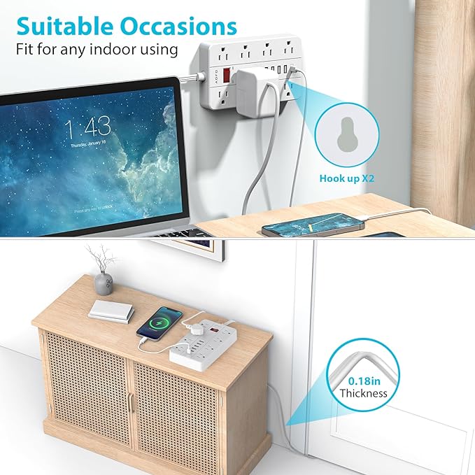10ft Extension Cord Long Power Strip,AOFO 8 Widely-Spaced Outlets & 6 USB Ports Flat Plug Power Strip,Power Cord for Wall Mountable and Desktop White-DeskLoop Office