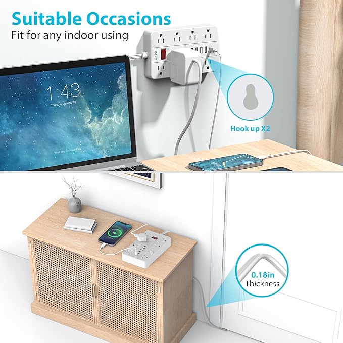 15ft Extension Cord Long Power Strip,AOFO 8 Widely-Spaced Outlets & 6 USB Ports Flat Plug Power Strip,Power Cord for Wall Mountable and Desktop White-DeskLoop Office