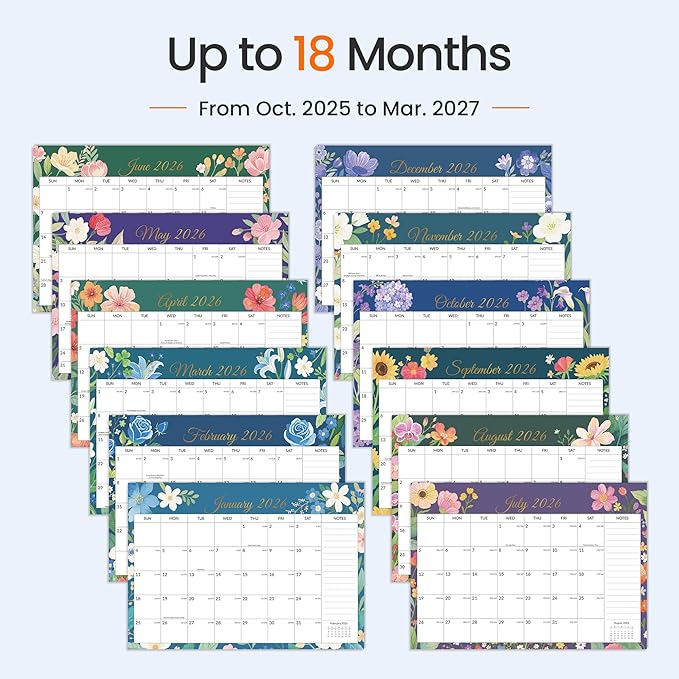 SUNEE Desk Calendar 2025-2026 - 18 Month Calendar Oct 2025 - Mar 2027, 17" x 12" Desktop Calendar with Notes, for Planning, Organizing in Family, School or Office - Colorful Floral 2026 Calendar-DeskLoop Office