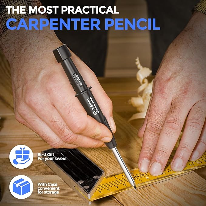 Nicpro 5 Pack CP3000 Carpenter Pencil with Sharpener, Mechanical Pencils Set with 59 Refills, Heavy Duty Construction Pencil, Carpenter Tools for Architect Marking (Red, Black, Orange, Green, Blue)-DeskLoop Office