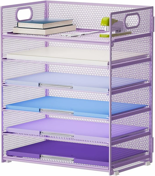 Marbrasse 6 Tier Paper Organizer Letter Tray - Mesh Desk File Organizer with Handle, Paper Sorter for Letter/A4 Office File Folder Holder - Purple-DeskLoop Office
