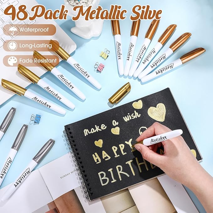 48 Pcs Metallic Permanent Markers Bulk Metallic Marker Pens Medium Tip Quick Dry Paint Pen for Classroom DIY Crafts Artist Illustration Gift Card Making (Gold and Silver)-DeskLoop Office