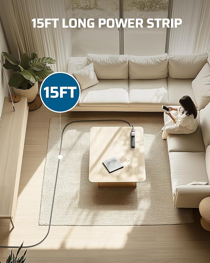 DEWENWILS 15 Foot Long Power Strip, 6-Outlet Power Strip 15FT, 15 Amp Circuit Breaker, Low Profile Flat Plug, Surge Protector for Office, Living Room, Bedroom, 4 Pack, Wall Mount, Black-DeskLoop Office