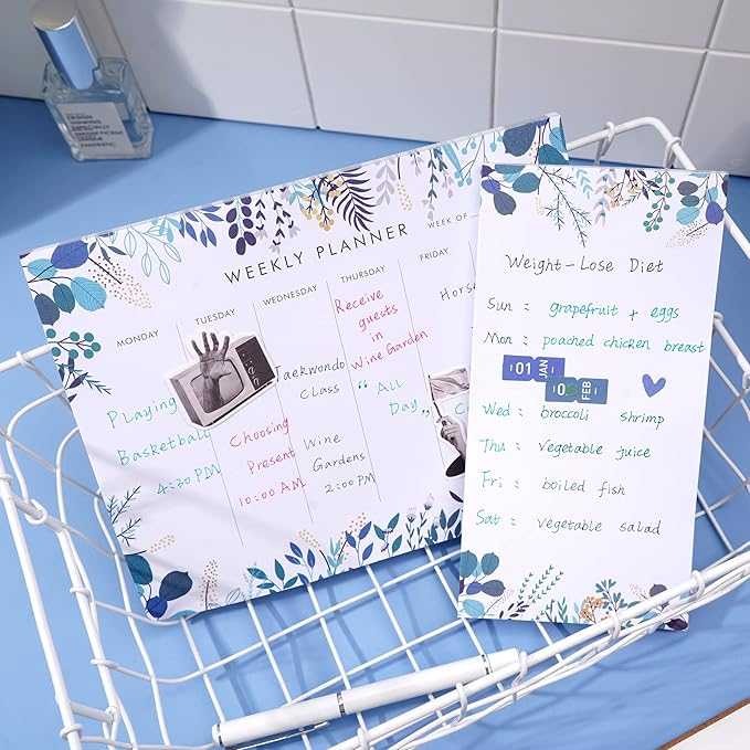 Weekly Planner Notepad Tear Off Set of 2 Weekly Calendar Pad 52 Undated To Do List Notepad Sheets Desk Planner Planning Pads Productivity Tracker for Work Goals Notes Schedule Ideas, Floral Blue-DeskLoop Office