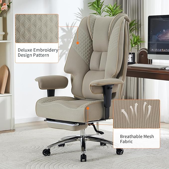 Big and Tall Office Chair 400lbs Wide Seat, Leather High Back Executive Office Chair with Foot Rest, Ergonomic Chairs Lumbar Support for Lower Back Pain Relief (Mesh Dark Beige)-DeskLoop Office