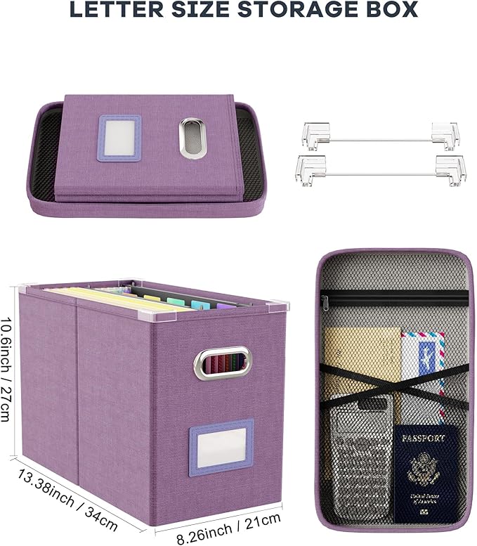 Oterri File Organizer with Lid, Hanging Filing Box with Mesh Pocket, Document Organizer for Letter Files, Portable Storage Box for Office & Home (1 PCS, Taro Purple)-DeskLoop Office